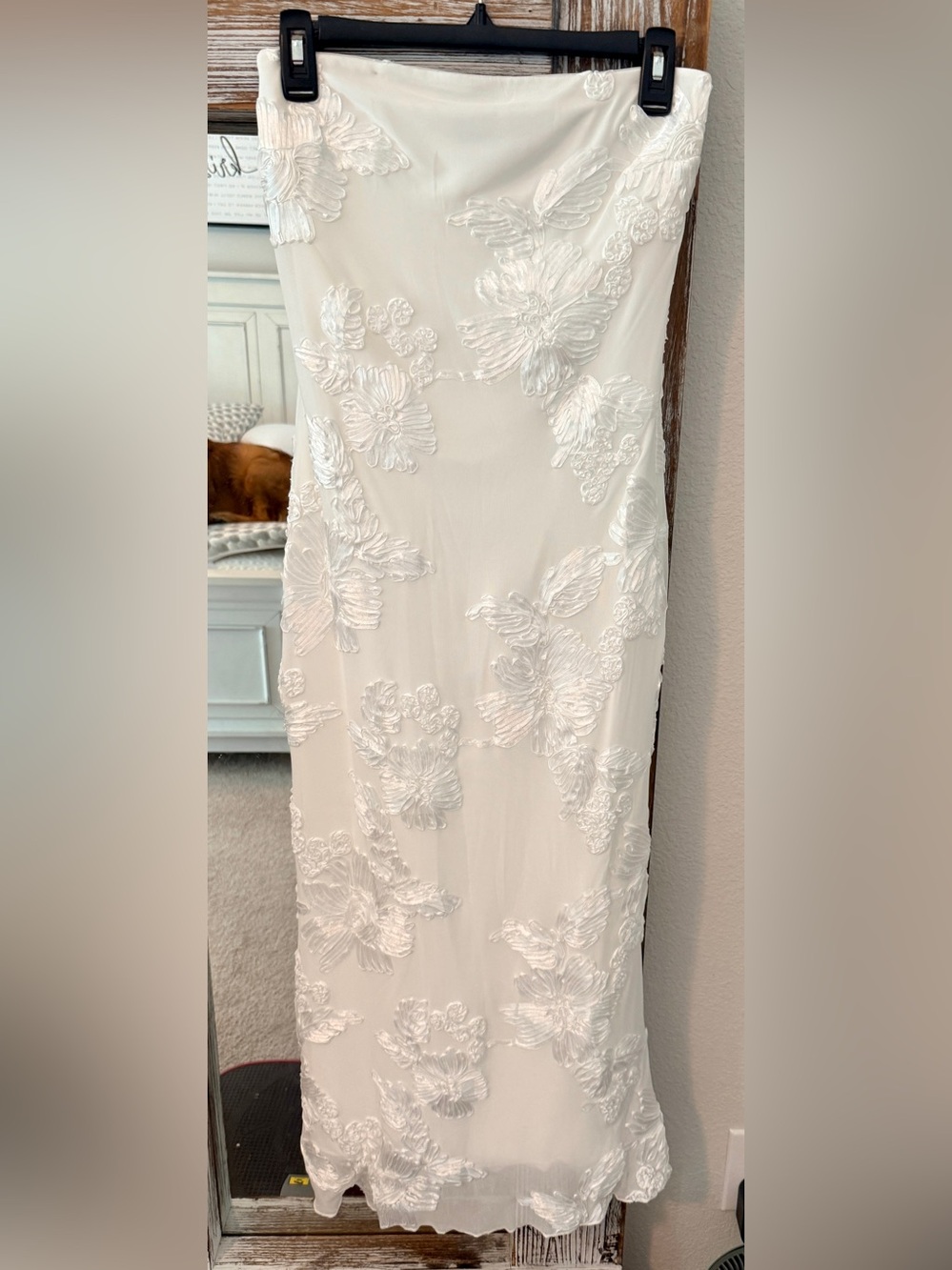 Strapless White Floral Appliqué Maxi Dress